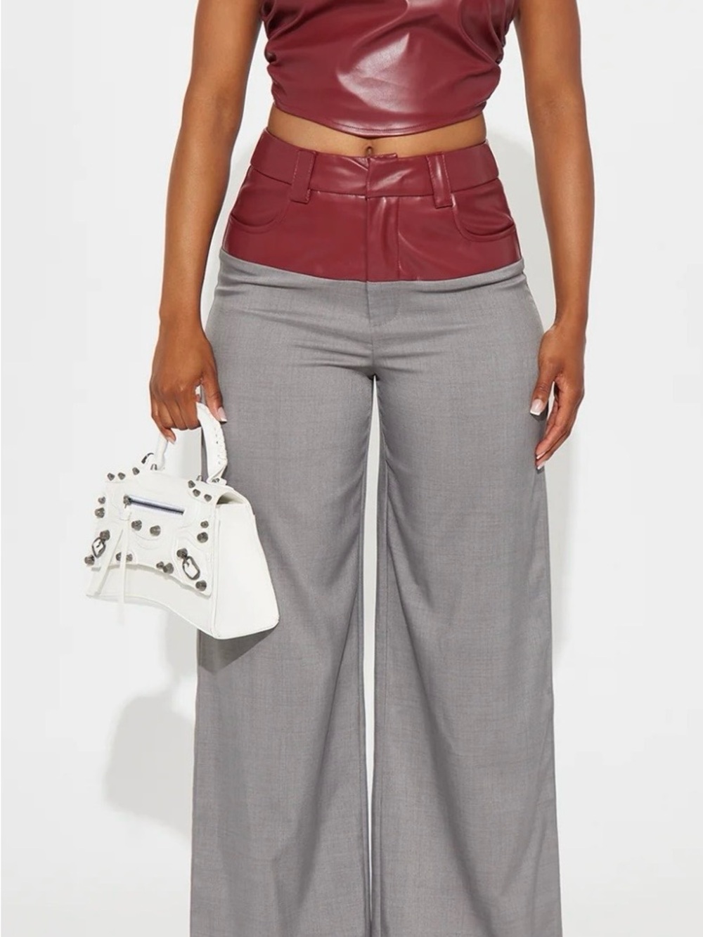 Fashion Nova Two-Tone Wide Leg Pants in Gray and Burgundy